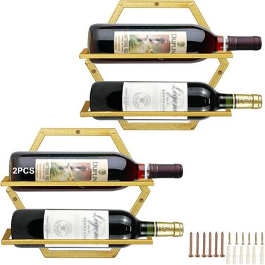 Metal Wall Mounted Wine Holder Stemware Glass Rack, 2Pcs Hanging Glass Wine Rack Wall Mount Red Wine Rack Organizer with 3 Stem Glass Holders for Home Kitchen Bar Display Decor (Gold Bb)