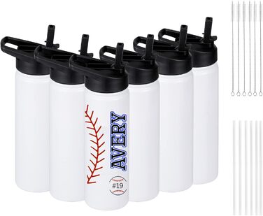 6 Sublimation Water Bottle Blanks, 680 ml, Customizable, Reusable Water Bottles, Bulk with Handle and Straw Lid, Leak-Proof and Lightweight for Sports, DIY Gift, White