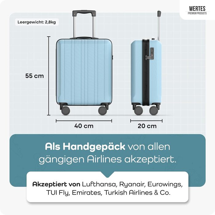 Набір валіз 3 в 1 з TSA замком - світло-блакитний, з подвійними колесами, для подорожей