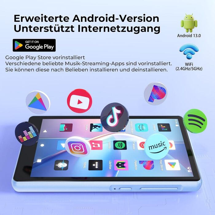 MP3 плеєр з Bluetooth та WiFi на 160 ГБ, 4.5-дюймовий сенсорний екран, підтримка Spotify (синій, 96ГБ)