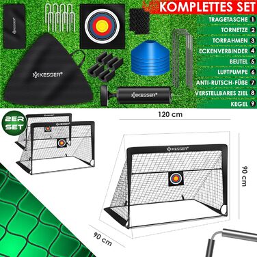 Ворота для футболу KESSER® для дітей, 2 шт. | Розкладні ворота з скловолоконними штангами та міцними сітками для гри в приміщенні, на вулиці та в саду | У комплекті: сумка для перенесення, 6 конусів, м'яч, мішень