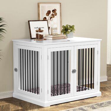 Клітка для собак у дім, Будка для собак з подушкою, Внутрішня клітка для собак, Будка для собак, Клітки для собак великих порід, Клітка для собак у стилі меблів з відкидним верхом, Білий (L)