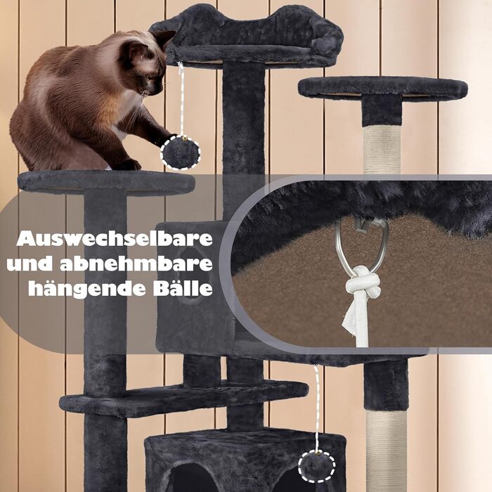 Кігтеточка-кольоротка Yaheetech 139 см, стабільна з 3 платформами, 3 стовпчиками, 2 печерами, плюшеві кульки, чорний колір