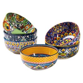 HENXFEN Набір з 6 порцелянових мисок для мюслі, супу, салату, 850 мл. Богемний квітковий дизайн, 6 кольорів