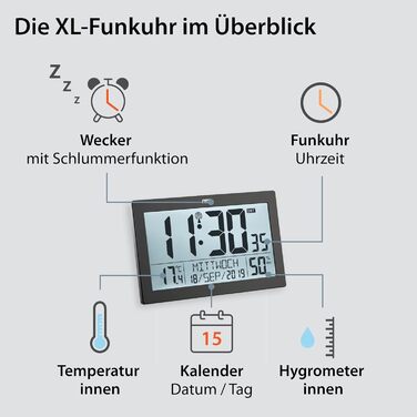 Digital Radio Clock with Large XL Display | Calendar | with Temperature Display & Hygrometer | Wall Clock | Radio Alarm Clock with 2 Alarm Times and Snooze Function | (--)