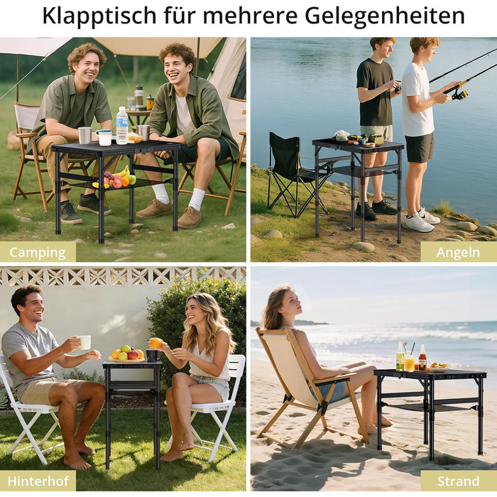 Складний кемпінговий стіл Anbte 58x40 см, алюмінієвий каркас, чорний пластиковий стіл з регульованою висотою (26/48/70 см) для пікніка, саду, балкону з сіткою для зберігання