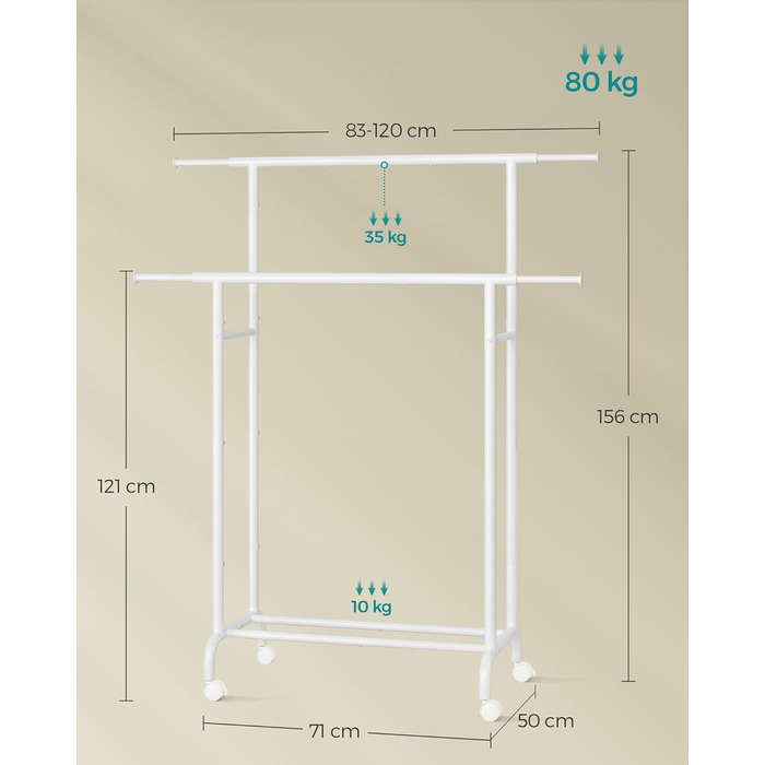 SONGMICS Clothes Rack with 2 Clothes Rods, Extendable Wardrobe Rail, with Wheels, Coat Rack, Height Adjustable between 113 and 180 cm, Lower Rod Adjustable, LLR401R01 (Cloud White, 120D x 50W x 156H cm)