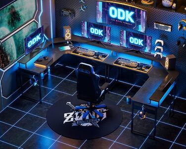 Ігровий стіл ODK з LED-підсвіткою, 2 розетками та 2 USB, кутовий комп'ютерний стіл з великою полицею для монітора, чорний