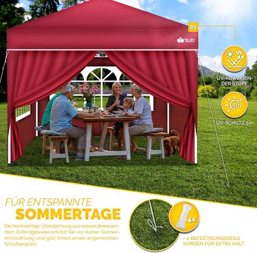 Waterproof Gazebo | Pop-Up Folding Gazebo, Adjustable Height | Garden Tent UV Protection 50+ | Party Tent with Bag for Garden (3x3m - with 4 Side Walls, Red)