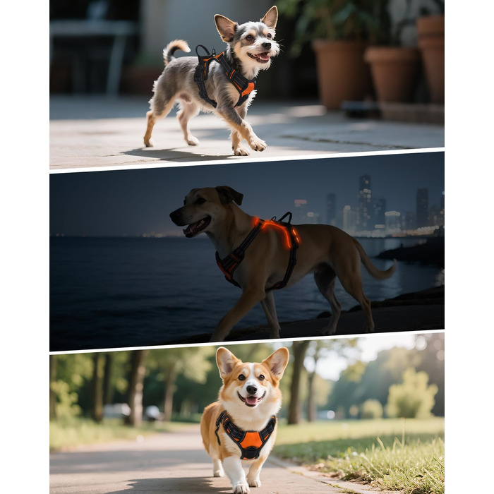 Світловідбиваючий нашийник для собак Joytale з підзарядкою, без натягування, з ручкою, для нічних прогулянок, чорно-синій, M (XL, 1 шт.), помаранчевий