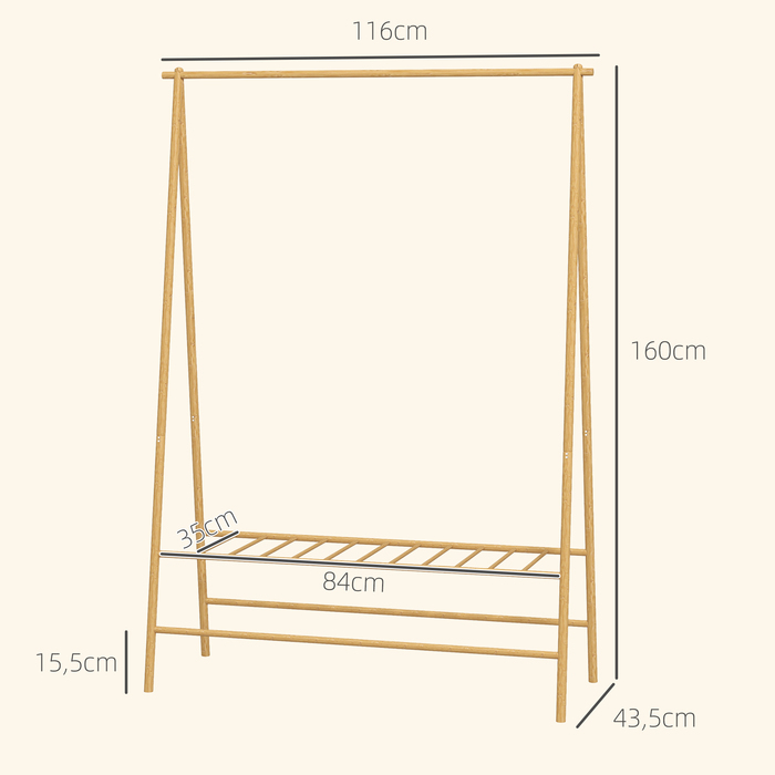 HOMCOM Bamboo Wardrobe Rack, Clothes Rack with Shelves and Hooks, Clothes Rail, for Entrance Hall, Living Room, Bedroom, 116 x 43.5 x 160 cm, Natural Wood | Aosom