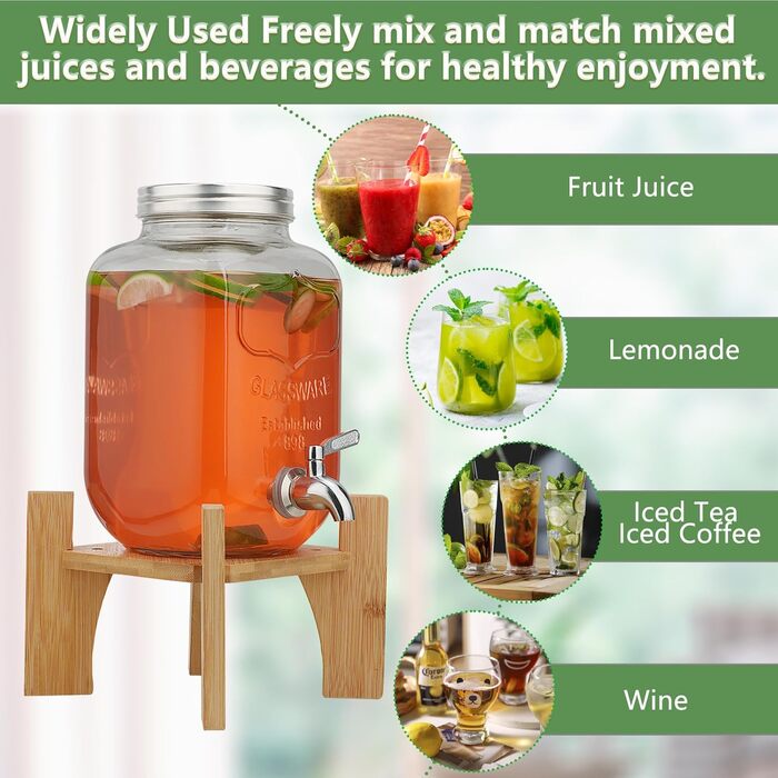 Скляний диспенсер для напоїв на підставці 4л з нержавіючою сталею та бамбуком