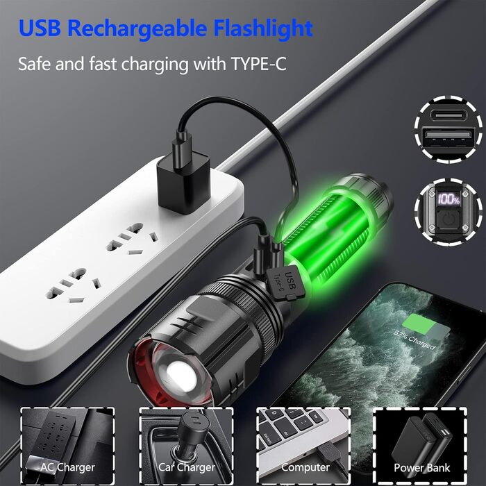 Ліхтарик Daphomeu LED акумуляторний, 500000 люмен, надяскравий, тактичний, зум, водонепроникний, 5 режимів, для кемпінгу, туризму та екстрених ситуацій