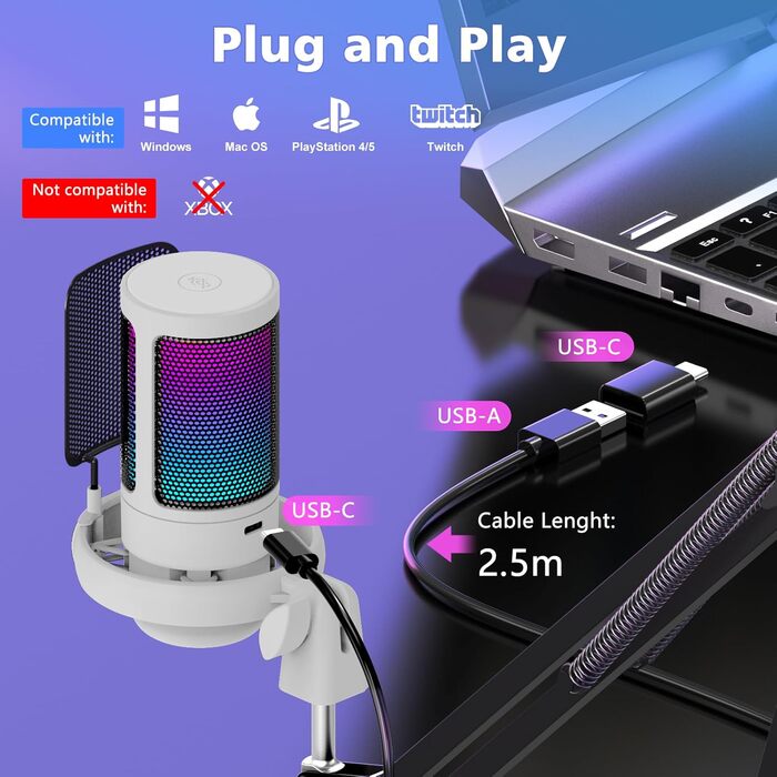 Мікрофон для ПК NJSJ Gaming з тримачем, USB для MAC PS4 PS5, з кнопкою вимкнення звуку, навушниками, поп-фільтром, конденсаторний кардіоїдний для подкастів та стрімінгу (білий)