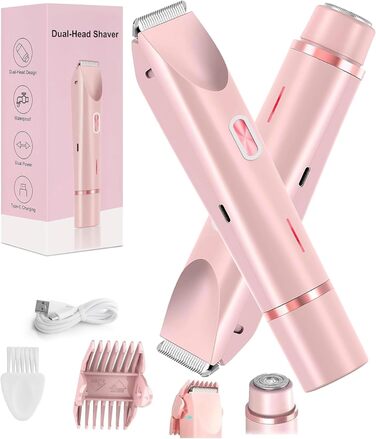 Електричний тример для бікіні для жінок, 2-в-1, рожевий. Тример для тіла, обличчя, брів, вусів, бороди, рук та ніг. Вологостійкий IPX7, для сухого та вологого використання.