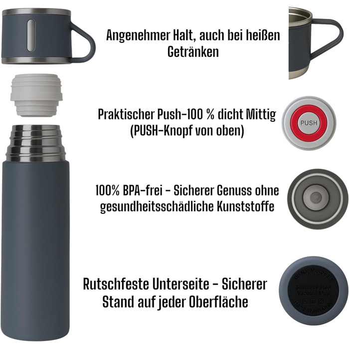 Термофляга 500 мл з нержавіючої сталі – 2 чашки з ручкою – не протікає, BPA-free – з щіткою для чищення – сірий колір