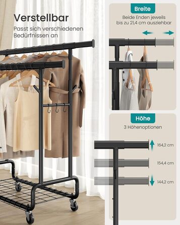 SONGMICS Стійка для одягу на коліщатках, важка, з 2 висувними штангами, регульована висота, з полицею та гачками, чорний HSR015B01