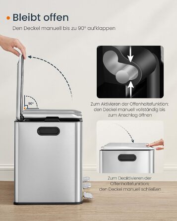 Сміттєвий відер SONGMICS HOME POPNEX LTB740B02 для кухні, система сортування сміття з 3 відсіками по 15 л, сталевий, сріблястий