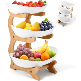 DEECOZY Трирівнева підставка для фруктів та овочів з бамбуком, біла. Організатор для зберігання фруктів, овочів та закусок
