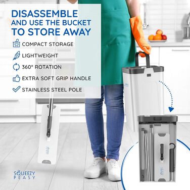 Преміум-набір для миття підлоги SqueezyPeasy з відром: 3-камерна система, 360° обертання, компактний та легкий