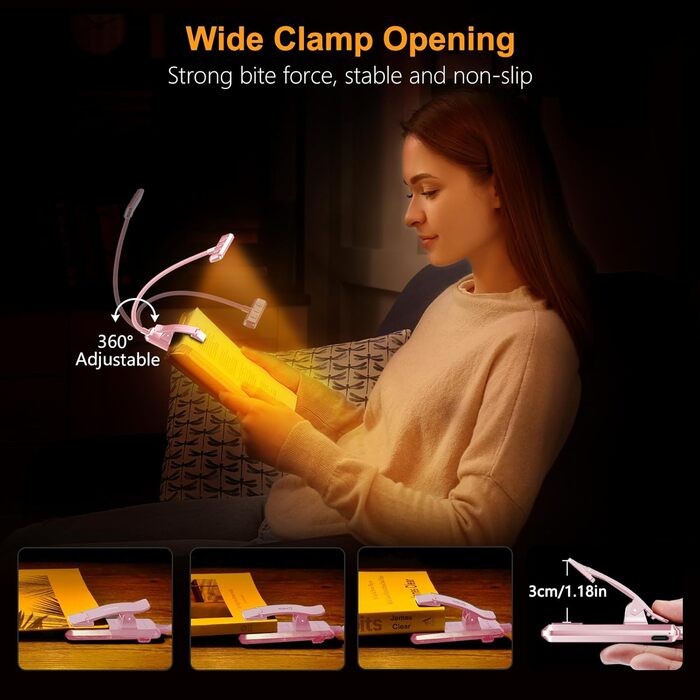 Ліхтар для читання Gritin на прищіпці, USB акумуляторний, 9 LED, 3 режими світла, регульована яскравість, гнучка лампа для нічного читання