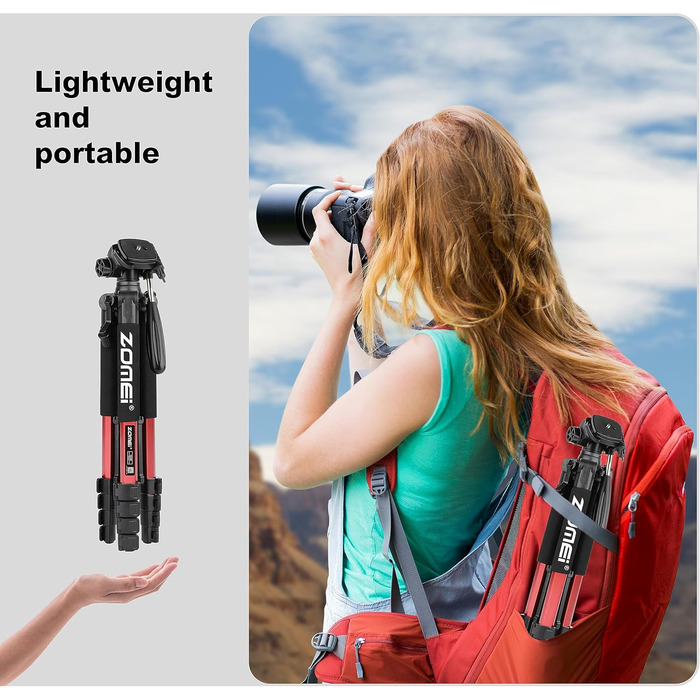 Штатив ZOMEi 188 см, професійний, для DSLR, телефонів, проекторів, телескопів (чорний/червоний)