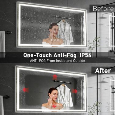 Дзеркало для ванної кімнати 50x70 см з LED-підсвічуванням, антизапарник, диммер, 3 кольори світла, Bluetooth