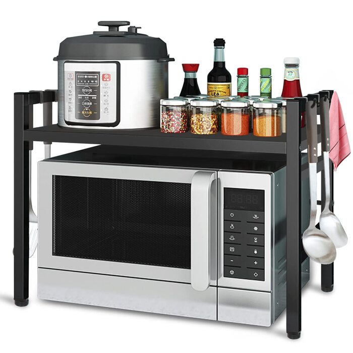 Підставка для мікрохвильової печі Todeco, 2-ярусна, чорна, з 6 гачками, регульована (36-60) x 36 x 44 см, до 25 кг