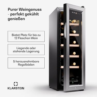 Klarstein Wine Fridge - 16 Bottle Compact Wine Cooler with Glass Door - Stainless Steel - 5-18°C Temperature Control