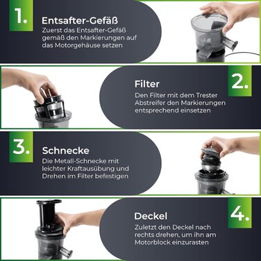 KLAMER Slow Juicer Vegetables and Fruit, Juicer with Reverse Function, Electric Fruit Press with Brush and 2 Containers, Sleek Design, Black