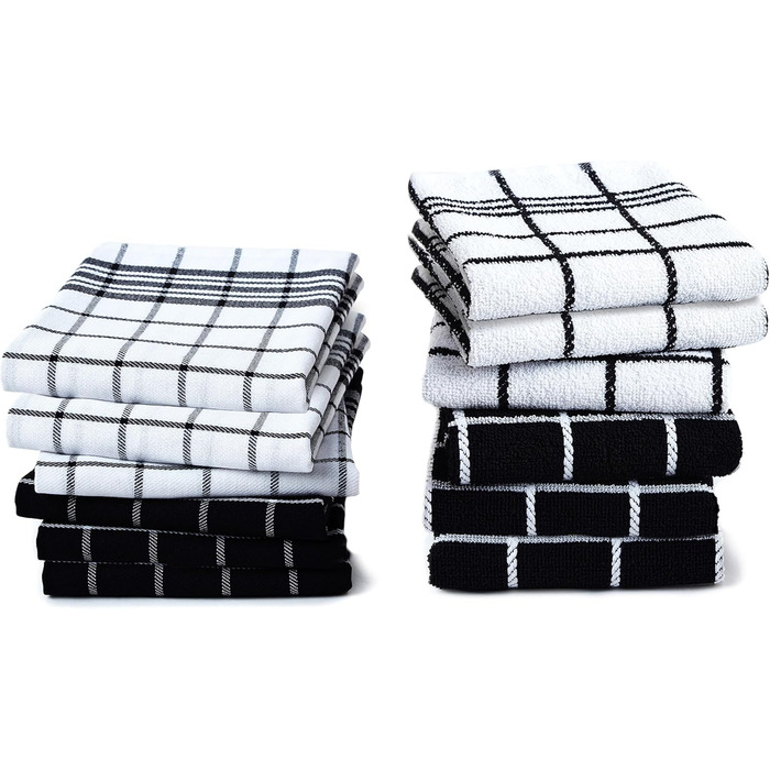 Encasa Frottee Kitchen Towel Set – 70x45 cm – absorbent multipurpose cleaning cloth, reusable towel and dishcloth (12-pack – Black Combination)