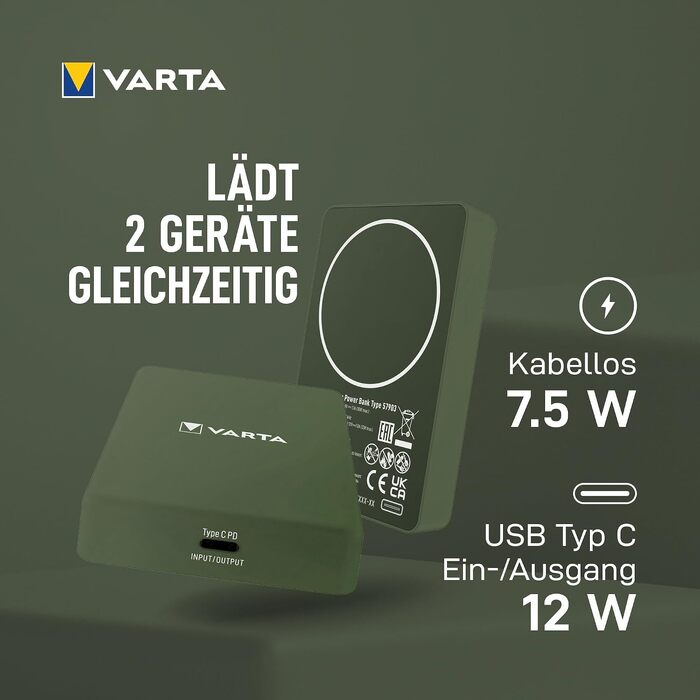 Повербанк VARTA Power Bank Energy 10000 mAh, 20W, USB-C та USB-A, Li-Polymer, з функцією Pass-Through, для 3 пристроїв, LED-індикація, зелений (Mag Pro 5000)