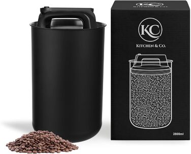 Кейсі для кави KC Kitchen & Co. – герметичний контейнер для 1 кг кавових зерен з нержавіючої сталі з вакуумним кришкою та захистом аромату – для кави, чаю, цукру, мюслі, чорний матовий (2800 мл)
