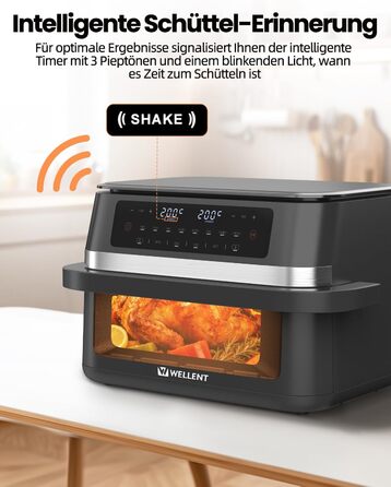 Аерофритюрниця WELLENT 12L Dual Zone XXL - 2950W з двома камерами (6+6L) з оглядовим вікном, функцією Match & Sync, нагадуванням про струшування, придатна для миття в посудомийній машині