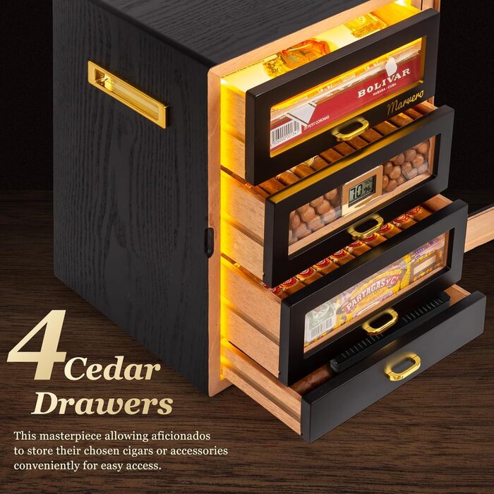 Гумодор для сигар, настільний з цифровим гігрометром, зволожувачем та пакетами для вологи. 4 висувні ящики з кедрової деревини, вміщує до 200 сигар (чорний)