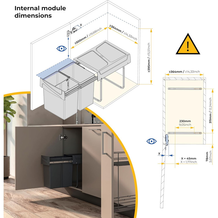Відро для сміття кухонне Emuca з підвісною системою, 2 висувні контейнери по 20 л, загальний об'єм 40 л (2 x 20 л), сталь та пластик, антрацитовий колір
