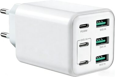 Зарядний пристрій USB-C 60W, 6 портів (3x USB-C, 3x USB-A), PD+QC швидка зарядка, адаптер живлення для iPhone 14/15/16/17, Samsung S24/S23/S22 - Білий