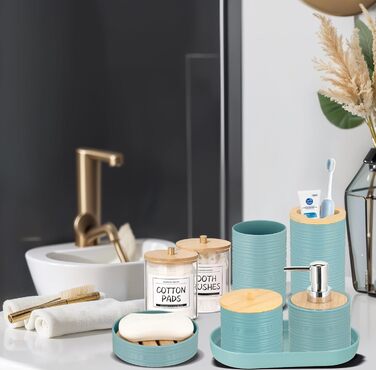 Набір для ванної кімнати IMAVO, 26 предметів: аксесуари для ванної, душова завіса, килимки, відро для сміття, піднос, дозатор для мила, мильниця, тримач для зубних щіток, стаканчик для зубних щіток (блакитний)