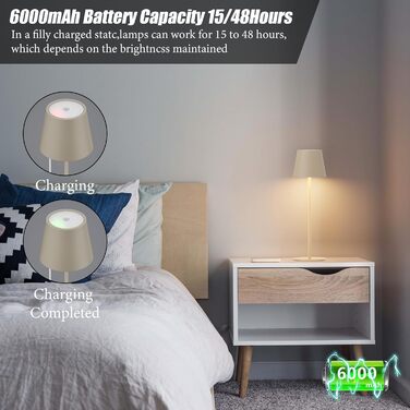 Aipsun: Бездротова LED-лампа настільна, акумуляторна, бежева, 6000mAh, регульоване світло (2700K-6000K), алюміній, IP54, вологостійка, для ресторану, спальні, бару, кемпінгу, 2 шт.