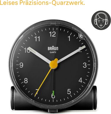 Braun Classic Analog Alarm Clock with Snooze Function and Light, Silent Quartz Movement, Crescendo Alarm in Black, Model BC01B.