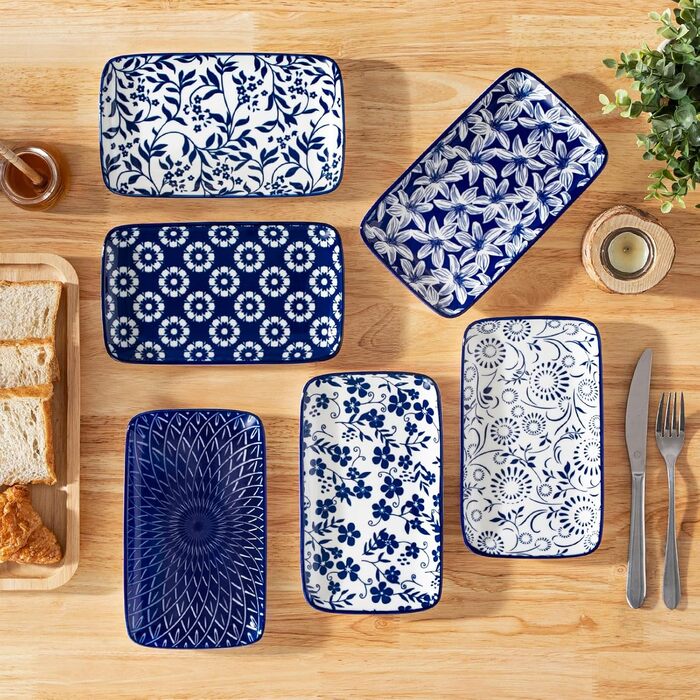 Набір сервірувальних тарілок Vancasso Selene (6 шт.) - великі, прямокутні, порцелянові, для свят, сніданків, фуршетів, сирної тарілки, мікрохвильова піч та посудомийна машина, блакитно-білий колір