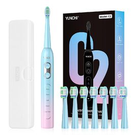 Електрична зубна щітка YUNCHI C2 з 40000 VPM, звукова, для дорослих та дітей, USB-C зарядка, 30 днів роботи, 5 режимів, 8 насадок, рожева/блакитна