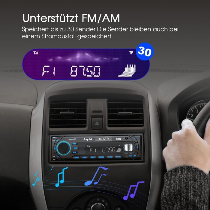 Автомобільна магнітола Bluetooth 5.0, FM/AM, 7 кольорів підсвічування, 1 DIN, стерео з 2 USB, AUX, MP3, підтримка iOS та Android, збереження 30 радіостанцій