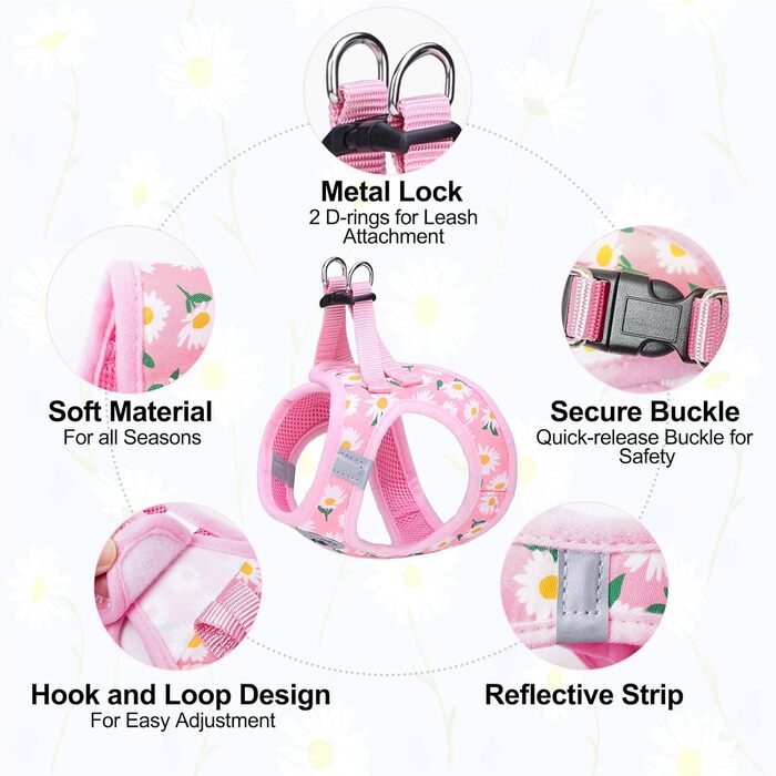 Нашийник та поводок для собак та котів BEAUTYZOO, м'яка сітка, світловідбиваючий, для дрібних та середніх цуценят, в клітинку, XS/S, (Medium(41-46см обхват грудей), Рожевий)