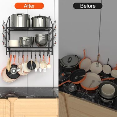 Hanging Pot Rack, 2 Tiers, Pots and Pans Organizer, Wall Mount, with 20 Hooks and 6 Lid Holders, Sturdy Steel Pot and Pan Hanger for Kitchen, Cookware, Utensils