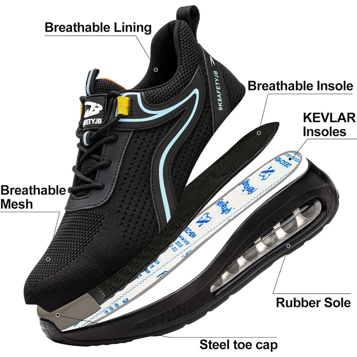 Черевики робочі чоловічі та жіночі S3 з металевим підноском, легкі, антиковзаючі, дихаючі, спортивні, чорно-сині, 42 EU