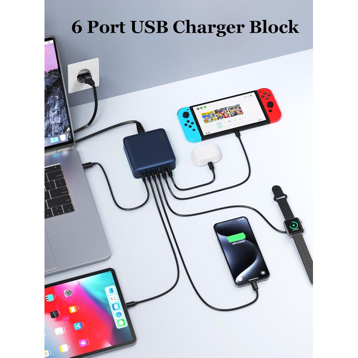 Мережевий зарядний пристрій USB-C на 200W з 6 портами GaN III Tech, PD+QC, з 4 USB-C та 2 USB-A, 65W для ноутбука, швидка зарядка для MacBook/iPad/iPhone 16/15/Samsung (блакитний)