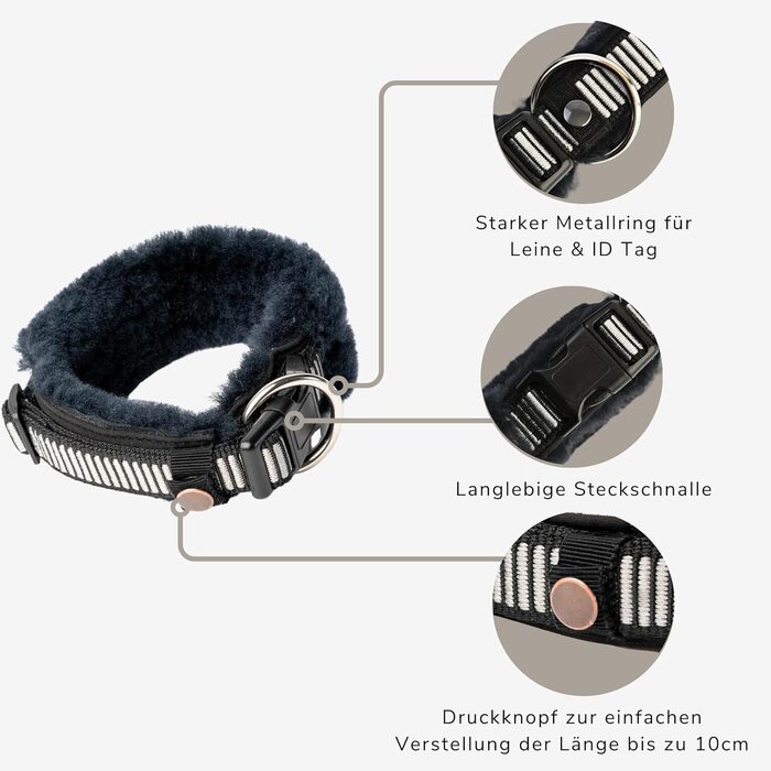 Нашийник для собак CHRIS з ланолінової вовни, зменшує випадіння шерсті, з підкладкою, світловідбиваючий, регульований, для собак малих, середніх та великих порід, розмір L (45-55 см), XL (55-65 см), колір антрацит