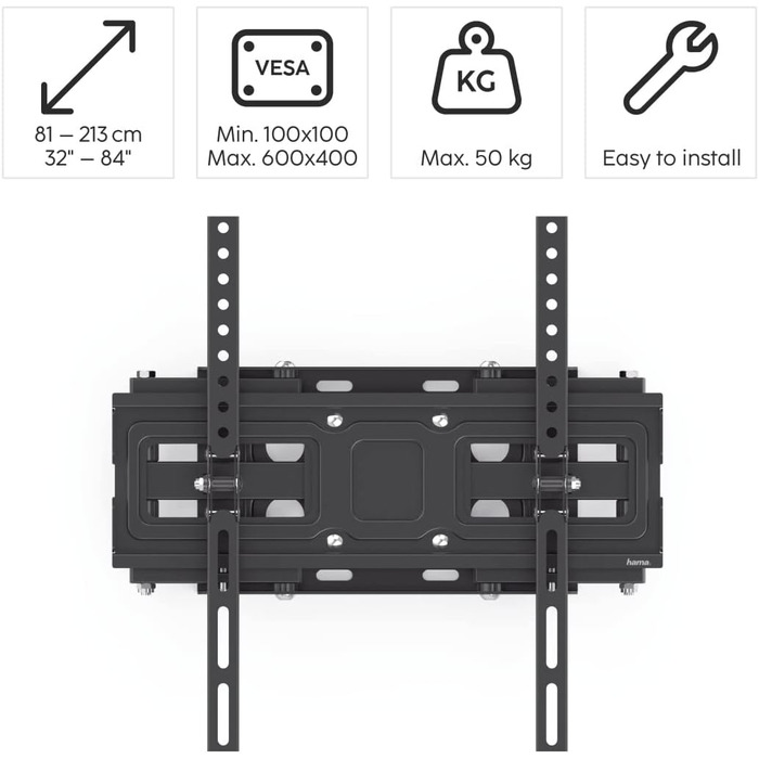 Hama TV Wall Mount Bracket (37-90 inch TV Mount, up to 220lbs, VESA 800x400, Fixed Wall Mount, Includes Fischer Anchors & Instructions, Black)