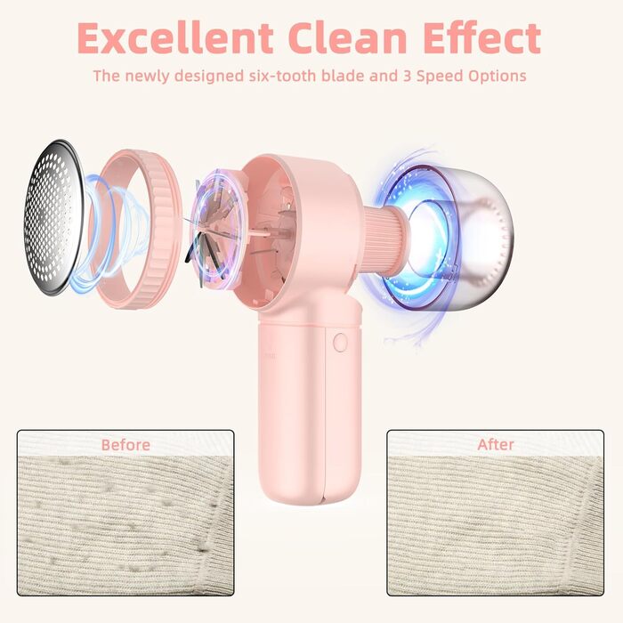 Електричний видалення пілінгу для одягу - портативний збриювач для одягу з 3 швидкостями, 6 лез, LED дисплеєм, рожевий